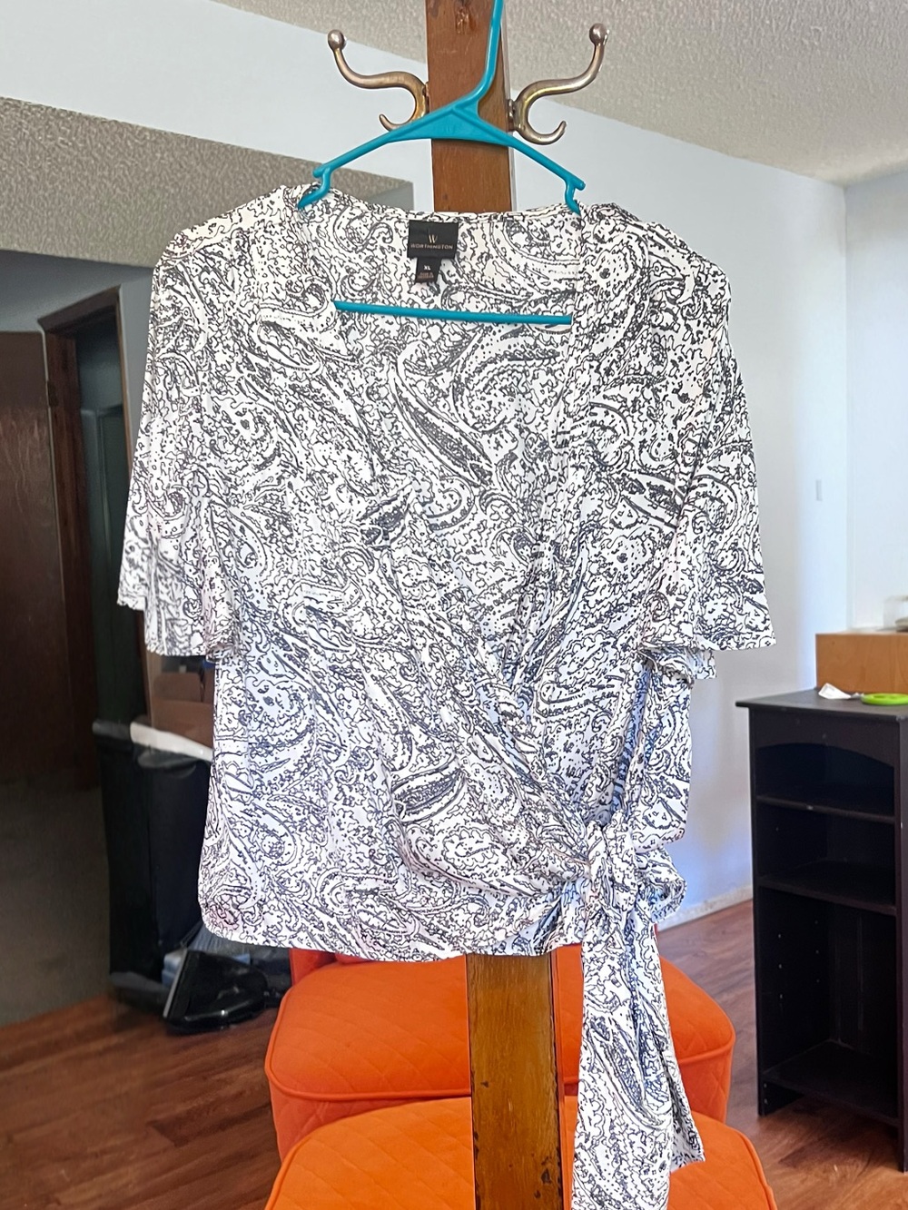 Worthington Black & White Paisley Tie-Waist Wrap Top
